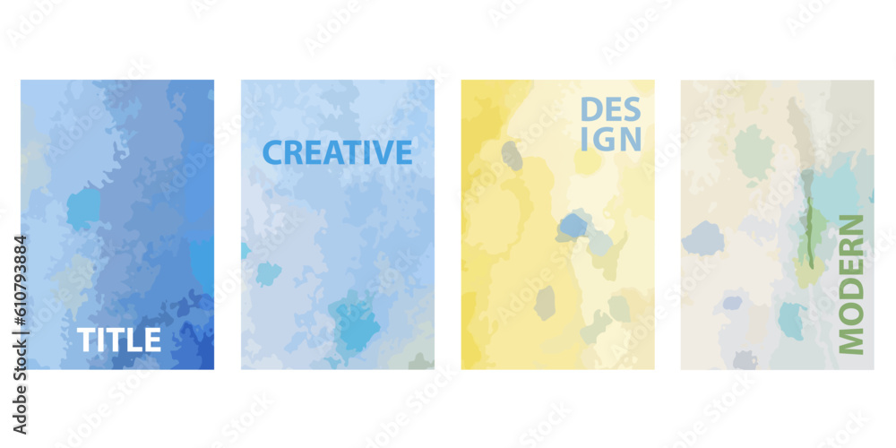 Vector image of magazine cover or business card. Fragments of watercolor work in yellow and blue tones. Poster, flyer, business card template, fabric print, packaging.