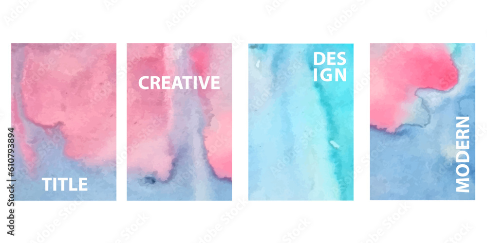 Vector image of magazine covers. Handmade watercolor painting in pink and blue. Poster, flyer, business card template, print on fabric, packaging.