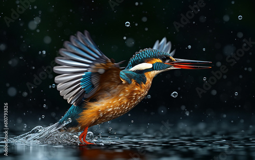 Kingfisher. Water droplets scatter as it gracefully glides into a serene river.  Generative AI © omune