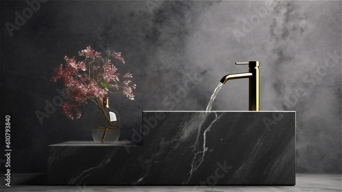 washroom in a minimalist design with a marmur countertop and washbasin of step and gold tap, glass vasa of liquid from flower, created with Generative AI Technology. photo