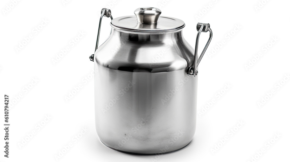 An old metal milk can isolated on a white background. Generative AI An old metal milk can isolated on a white background. Generative AI