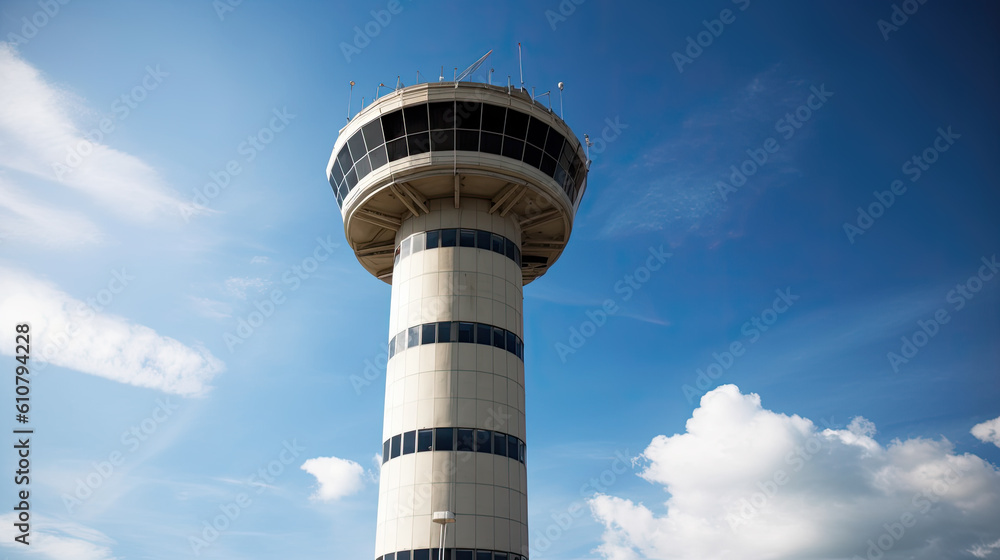 air traffic control tower with a blue sky as background. low angle. Generative AI air traffic control tower with a blue sky as background. low angle. Generative AI