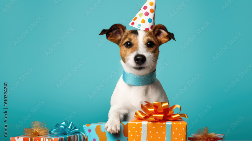 Advertising portrait of a jack russell terrier dog puppy wearing a party cap blows and gifts in front of