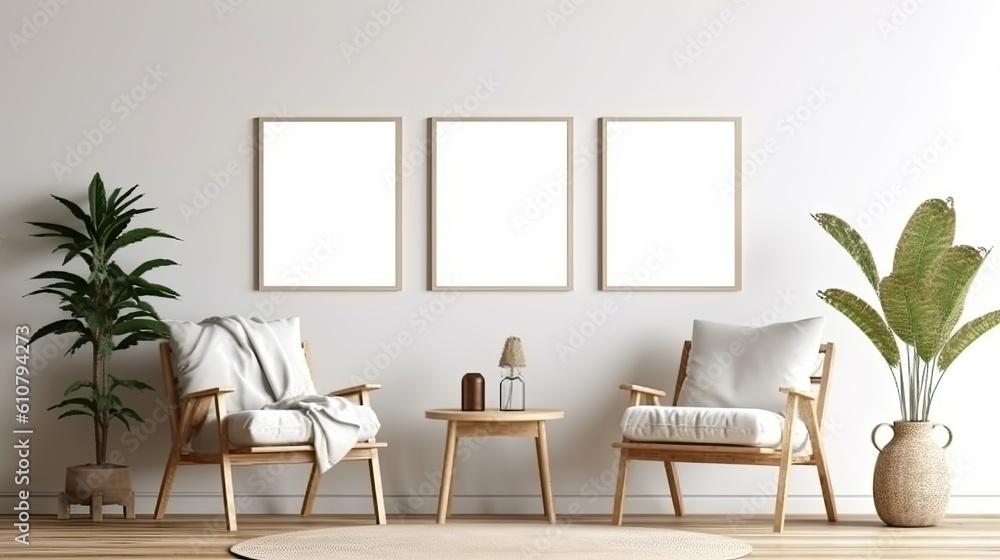 Fototapeta premium Interior of a light living room with two empty white posters, a chair, a coffee table, and parquet flooring made of oak wood. minimalist design principle. a relaxed setting for meetings. Generative AI