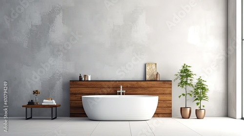 Interior of a bathroom with a bathtub on a wooden platform and a blank wall above. tiled floor with wall-mounted rack  modern minimalist style Generative AI
