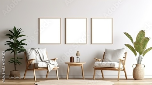 Interior of a light living room with two empty white posters  a chair  a coffee table  and parquet flooring made of oak wood. minimalist design principle. a relaxed setting for meetings. Generative AI