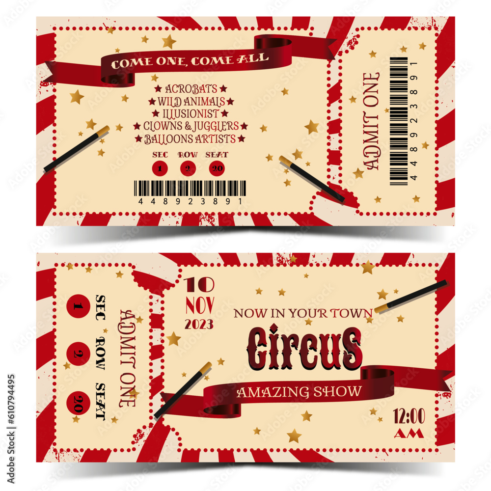 Circus ticket templates in red. Front and back. Carnival ticket. Ready ...