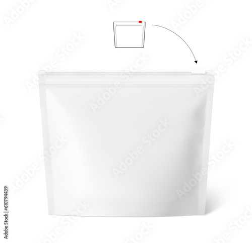 Realistic blank stand up pouch bag mockup. Vector illustration isolated on white background. Front view. Can be use for template your design, presentation, promo, ad. EPS10.	