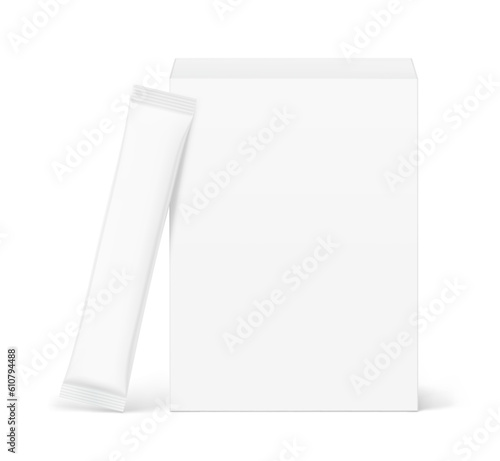 Blank cardboard box with stick bag mockup. Front view. Vector illustration isolated on white background. Can be use for food, medicine, cosmetic and etc. EPS10.	