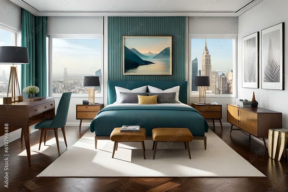 modern bedroom with a sleek design and wall paintings - Generative AI Technology modern bedroom with a sleek design and wall paintings - Generative AI Technology