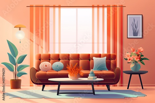 Interior design of a contemporary room with a sofa  pillows  table  vase  plants  and drapes. Generative AI