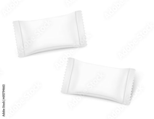 Blank packaging sachet mockup set. Vector illustration isolated on white background. Ready for your design. EPS10.