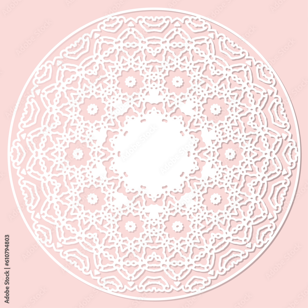 Mandala, lace paper doily, embossed pattern, 3D, round element. Paper cut out design, laser cut template. Vintage lace doily with border. Floral round napkin for your design.