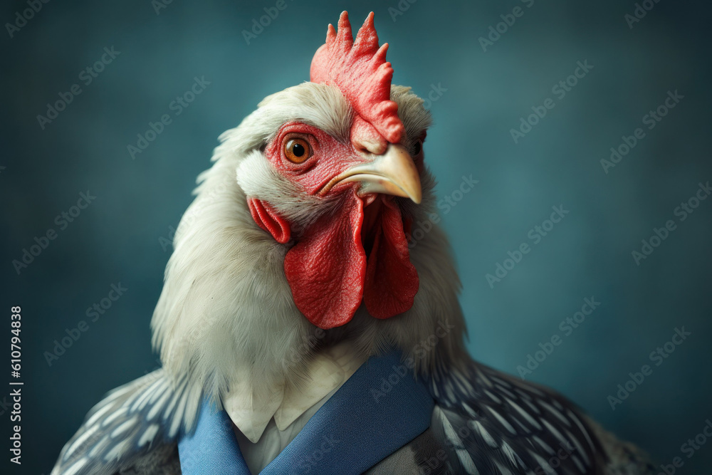 Anthropomorphic chicken dressed in a suit like a businessman. business concept. AI generated, human enhanced