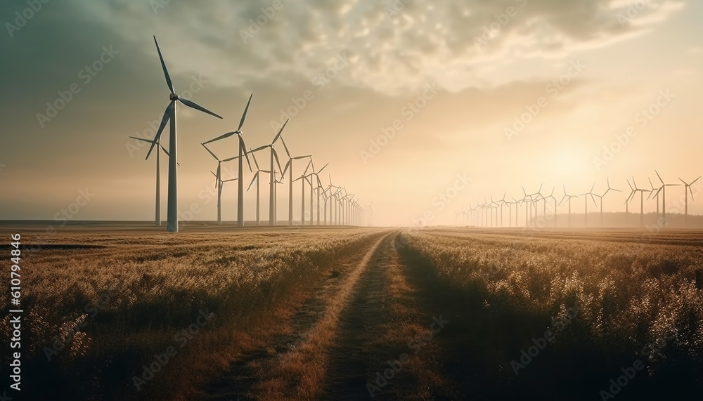 Obraz premium Wind turbines in a row, spinning blades fuel sustainable growth generated by AI