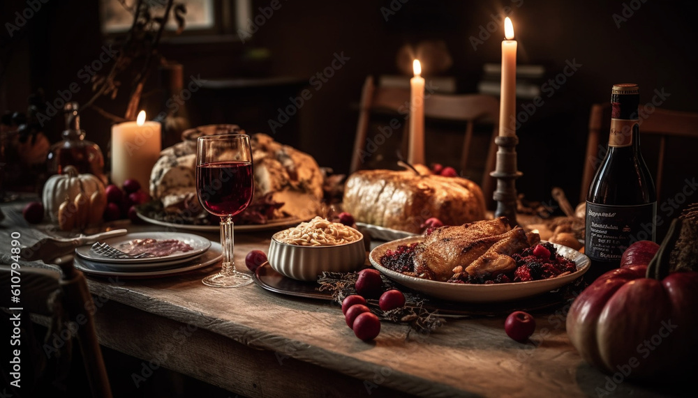 Rustic still life Pumpkin, candle, wine, fruit, decoration, wood generated by AI