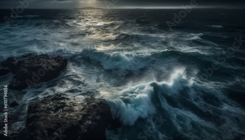 Breaking waves crash against rocky cliff at dusk, reflecting beauty generated by AI