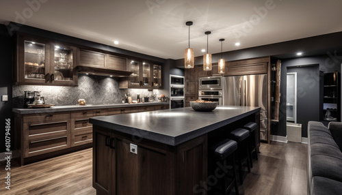 Modern domestic kitchen design with luxury wood cabinet and appliances generated by AI