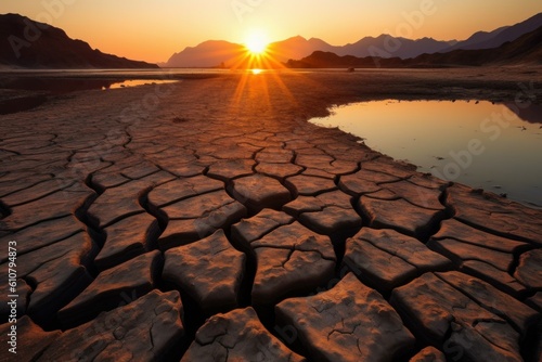 The dry bottom with the soil cracked from the drought of the disappeared reservoir. AI generated, human enhanced