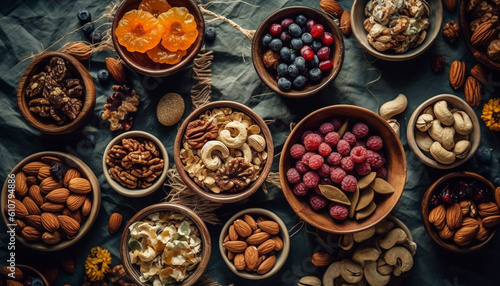 Organic nut bowl almond, cashew pecan walnut, hazelnut, cranberry, blueberry generated by AI