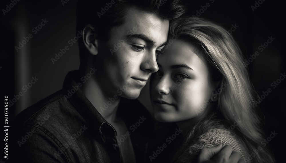 Young couple embracing, smiling, and looking at camera with love generated by AI Young couple embracing, smiling, and looking at camera with love generated by AI