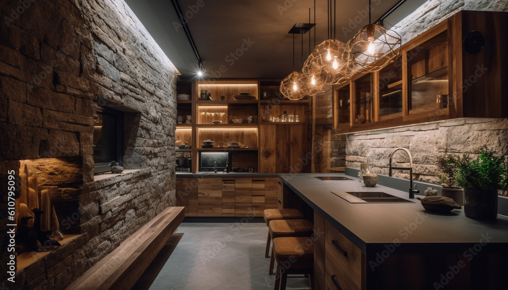 Modern domestic kitchen design with rustic brick wall and hardwood flooring generated by AI Modern domestic kitchen design with rustic brick wall and hardwood flooring generated by AI