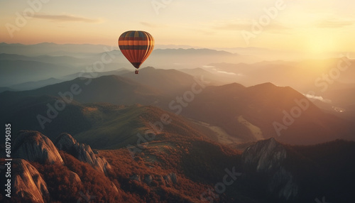 Adventure seekers soar high above mountain range in hot air balloon generated by AI