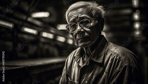 Serious senior man with gray hair and eyeglasses looking outdoors generated by AI