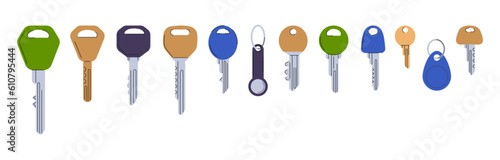 Door keys vector set. Modern keys different ornament heads. Metal elements for locks of boxes, flat,