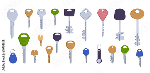 Door keys vector set. Modern keys different ornament heads. Metal elements for locks of boxes, flat,