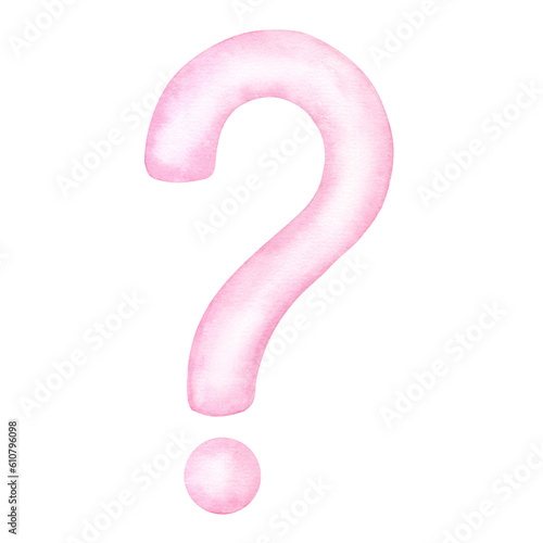 Question mark pink, girl. Hand drawn watercolor illustration isolated on white background. For gender reveal party, baby shower, children's textiles