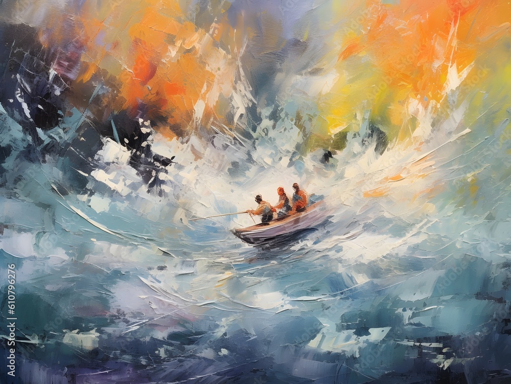 An exquisite painting of kayakers crossing wild rapids. Generative AI