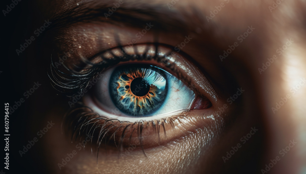 Obraz premium Young woman blue eyes staring sensually at camera, indoors generated by AI