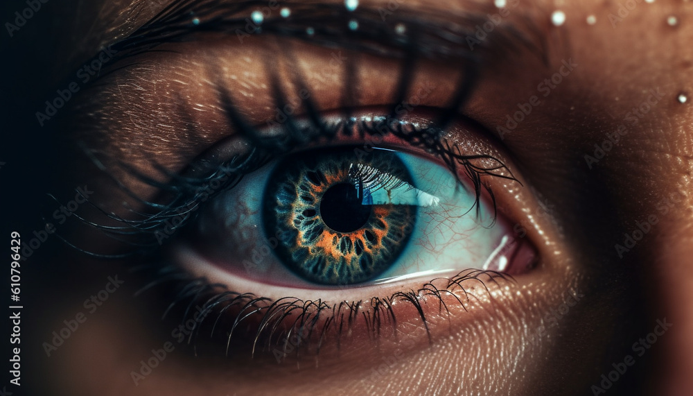 One woman staring at camera with defocused animal eye in background generated by AI