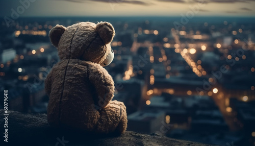 Teddy bear sitting on snowy roof, overlooking city skyline at dusk generated by AI