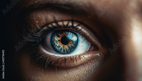 Young woman blue eyes staring sensually at camera, indoors generated by AI
