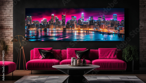 Luxury apartment with modern design, illuminated by cityscape backdrop generated by AI © djvstock