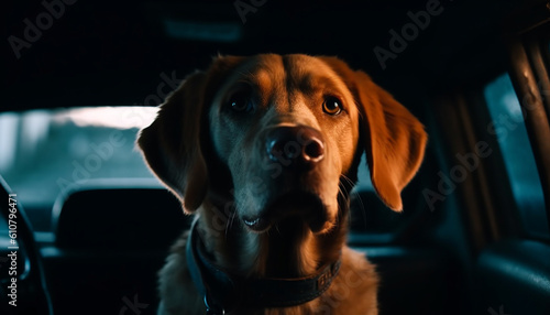 Yellow Labrador puppy sitting in car, looking outdoors generated by AI