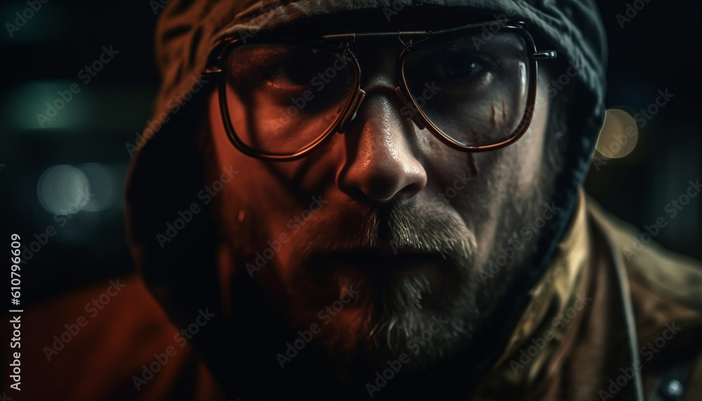 Confident burglar in hooded shirt steals in dark city night generated by AI Confident burglar in hooded shirt steals in dark city night generated by AI