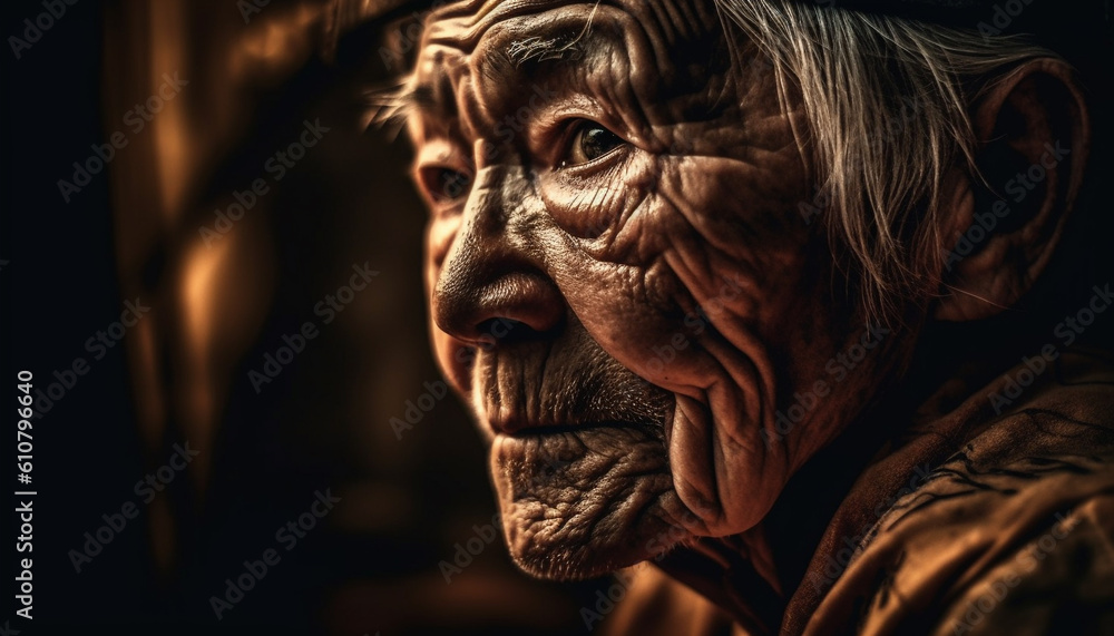 Smiling seniors embrace aging with happiness, surrounded by nature beauty generated by AI