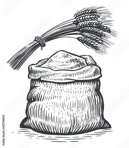 Farm bag with agricultural cereals. Sacks and ears of wheat or barley. Vector sketch illustration