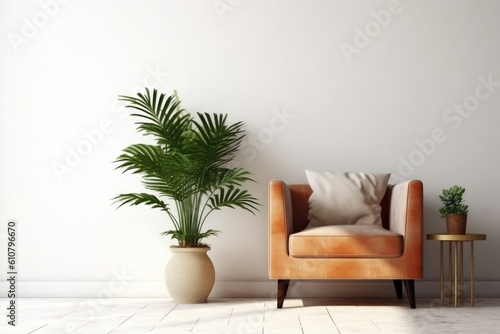 Illustration of a living room interior wall mockup with a tan brown leather armchair, a pillow, and a green plant in a container against a blank white wall. Generative AI