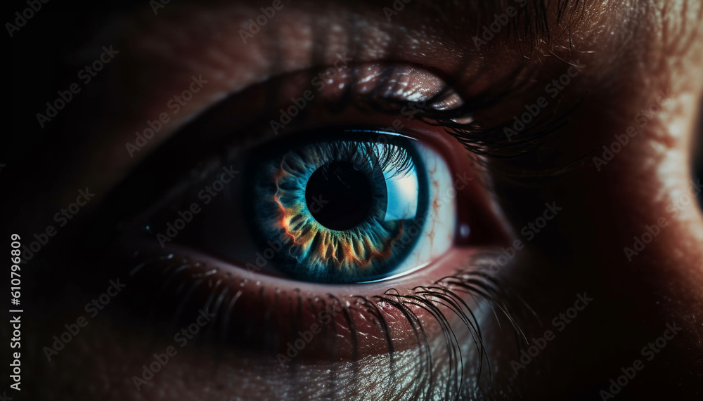 Blue eyed adult staring at camera with selective focus on cornea generated by AI