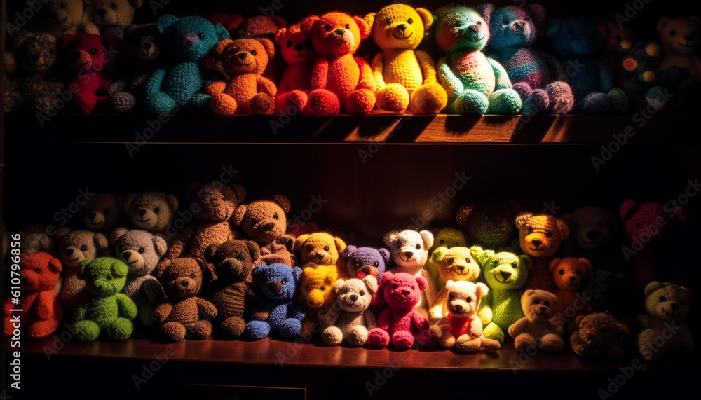A colorful collection of cute stuffed animals sitting in a row generated by AI
