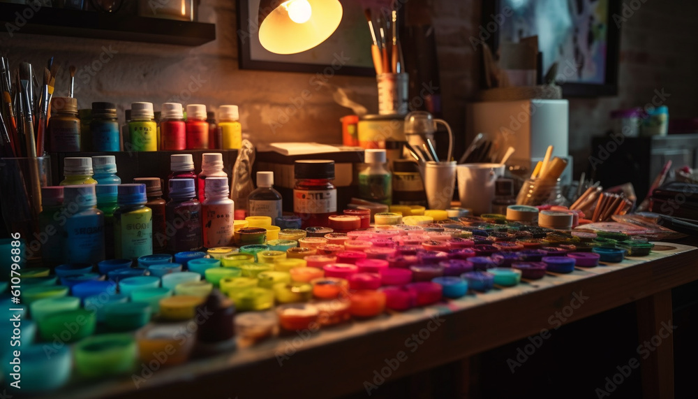 Vibrant colors, paintbrushes, and palettes adorn the artist workshop generated by AI