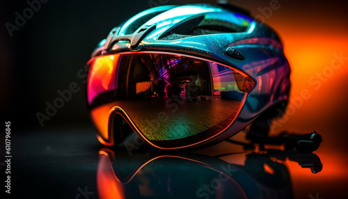 Fast biker wearing sunglasses rides through illuminated city at night generated by AI