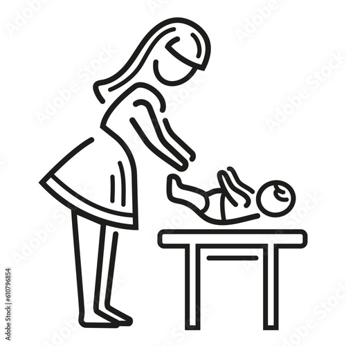Mother changing diaper baby on table in public toilet room, newborn hygiene body care line icon. Woman change clean nappy infant in restroom. Nursery bathroom. Parent with kid, motherhood sign. Vector