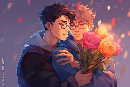 lgbtq cartoon couple on valentine's day is hugging, with bouquet of flowers, illustration generative ai