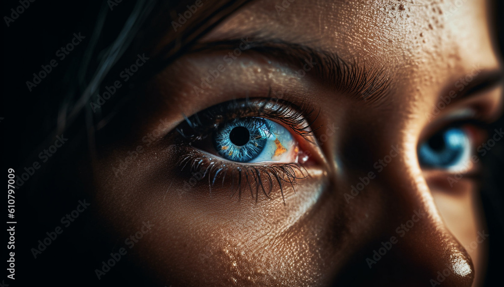 Young woman staring with beauty at camera, blue eyes macro generated by AI