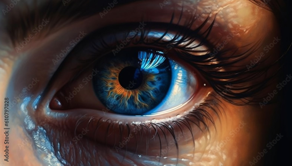 Young woman staring with futuristic blue eyes, selective focus portrait generated by AI